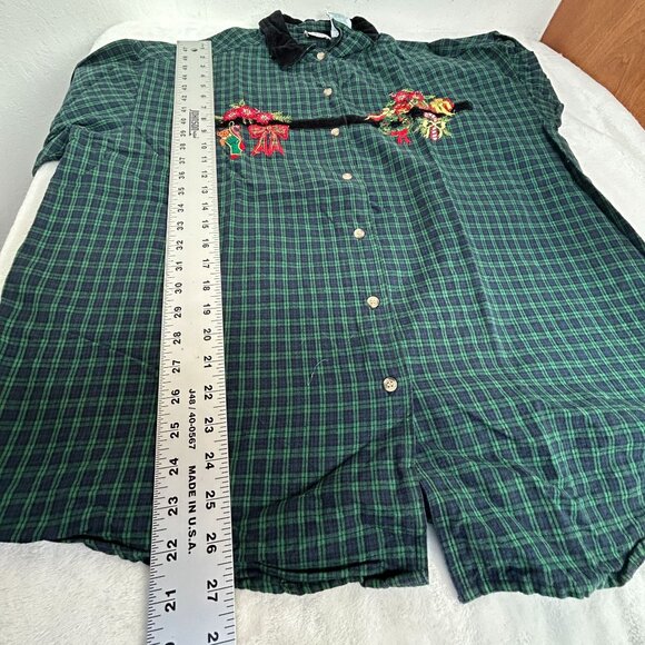 Nutcracker Womens Embroidered Holiday Christmas Plaid Button-Up Shirt XL Green - Picture 7 of 8